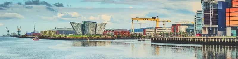 Belfast cityscape with the Titanic Quarter and Harland and Wolff cranes