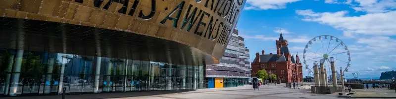 Cardiff Castle and the city centre with modern architecture